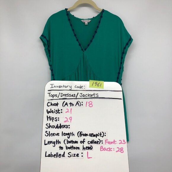 Nanette Lepore Teal Green Short Sleeve Flowy V-Neck yarn trim Blouse size L - Picture 14 of 16